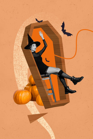 Composite trend artwork 3D sketch collage of happy halloween poster spooky season party pumpkin decor grave coffin young lady witch sitの写真素材