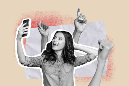 Composite trend artwork sketch image photo collage of stop banner harassment hate fist young lady hand hold smartphone selfie broadcastingの写真素材
