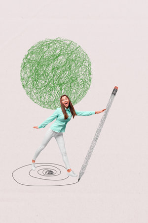 Vertical photo collage of crazy excited girl hold scribble pencil mess doodle psychotherapy schizophrenia isolated on painted backgroundの写真素材