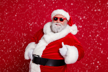 Portrait of attractive cheerful Santa showing thumbup advert ad recommend isolated over bright red color backgroundの写真素材