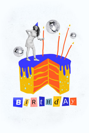 Composite trend artwork sketch image photo collage of happy birthday holiday celebration party cake candle fire discoball aged lady standの写真素材