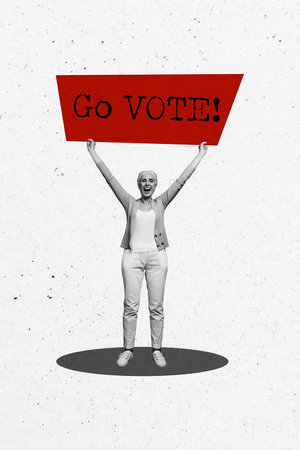 Composite trend artwork 3D image photo collage of call election choice democracy aged woman stand...