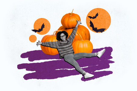 Composite photo collage of happy american girl lay pumpkin pile autumn halloween holiday bats casual cloth isolated on painted backgroundの写真素材