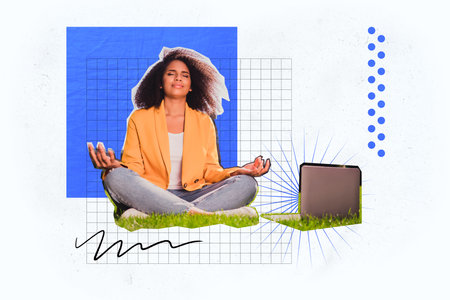 Composite trend artwork sketch image photo collage of young lady student worker sit balance meditate...