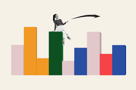 Trend artwork image collage of trader business job graphics stats young woman sit platform office manager finger point direction arrowの写真素材
