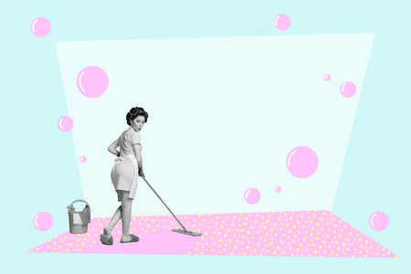 Composite photo collage of astonished girl housemaid dance mop floor cleaning household chores concept tidy isolated on painted backgroundの写真素材