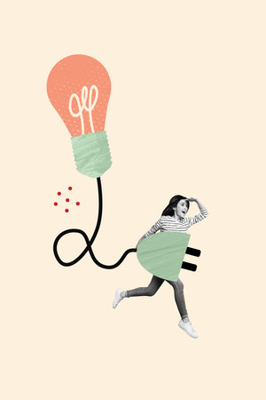 Creative trend collage of young female running electric bulb electricity bulb plug brilliant idea fantasy billboard comics zine minimalの写真素材