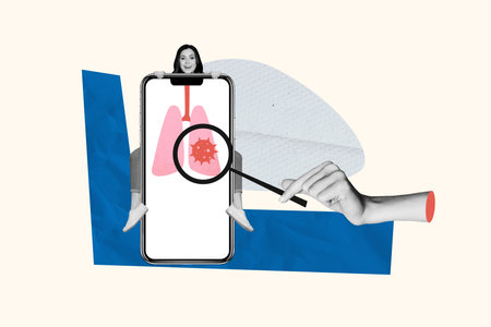 Creative collage young woman disease lungs healthcare examination magnifying loop doctor consultation covid19 smartphone screen appの写真素材