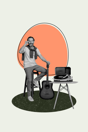Composite trend artwork sketch photo collage of monochrome aged man handsome sit chair hand hold guitar play music vinyl record vintageの写真素材