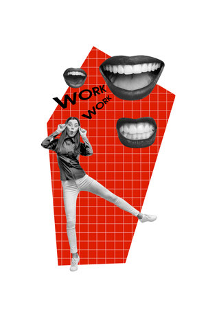 Vertical photo collage of astonished girl lazy employee mouth faceless scream pressure workload job isolated on painted backgroundの写真素材