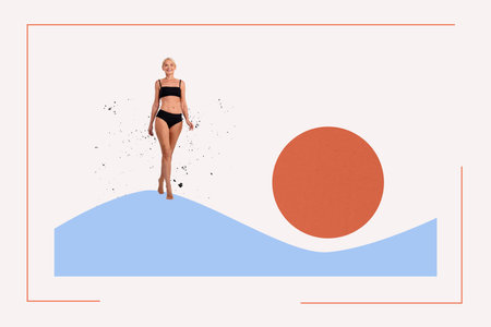 Photo collage mature fit woman bodycare healthy lifestyle model figure underwear naked sportswoman wellbeing drawing backgroundの写真素材