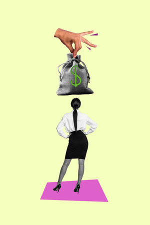 Vertical photo collage of anonym businesswoman stand back hand offer usd bag payment success deal income isolated on painted backgroundの写真素材