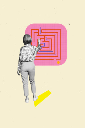 Vertical photo collage of anonym businesswoman write labyrinth exit maze riddle motivation development isolated on painted backgroundの写真素材