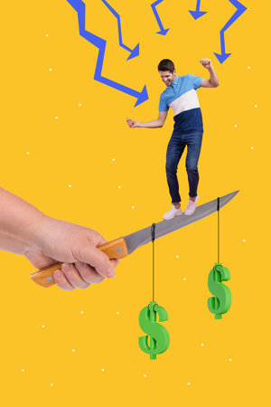 Vertical composite artwork collage image picture of arm hold knife hang money mini guy balancing...