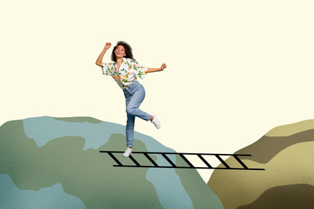 Creative collage picture young woman cooperation together team coworkers weight balance dance funky...
