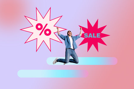 Creative collage young jumper man celebrate black friday shopaholic bargain weekend holiday special offer low cheap price rate saleの写真素材