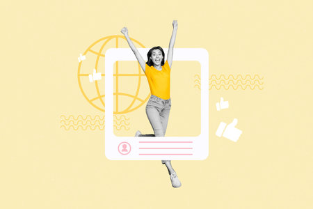 Composite trend artwork collage of app image frame blogger like profile young lady walk step thumb reaction influencer global connectionの写真素材