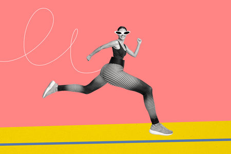 Composite photo collage of happy athlete girl big legs small body wear sportwear sunglass race...