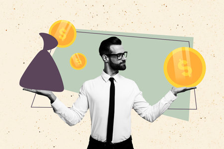 Composite artwork collage image picture of guy arms hold bag money coins isolated on creative backgroundの写真素材