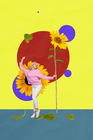 Vertical photo collage of happy girl dance sunflower bloom flower florist worker leaves fly spring plant isolated on painted backgroundの写真素材