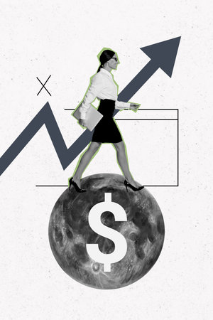 Vertical photo collage of happy business girl hold laptop device walk moon planet dollar sign income arrow up isolated on painted backgroundの写真素材