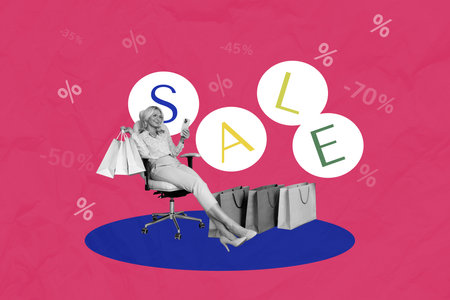 Composite photo collage of happy old woman sit chair hold make online order phone bags purchase sale percent isolated on painted backgroundの写真素材