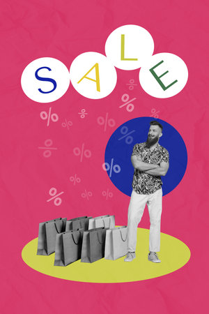Sketch image composite artwork collage of black friday buy brand shopper offer percent small young guy stand bags style fashion customerの写真素材
