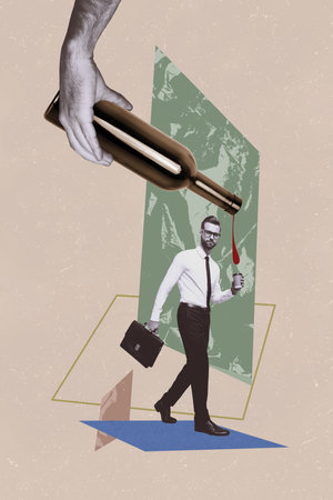 Vertical poster collage young businessman pour wine bottle alcohol drink addiction coffe cup mug suitcase boss diplomat employeeの写真素材