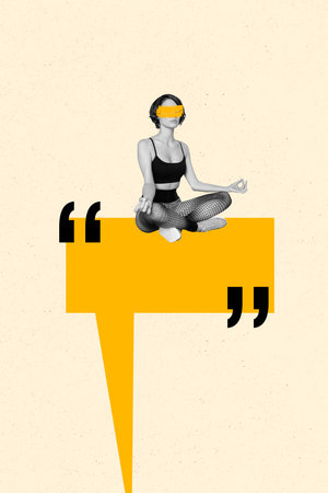 Vertical photo collage of serious girl wear sportswear do yoga meditation buddhism text box communication isolated on painted backgroundの写真素材