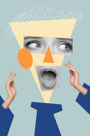 Vertical creative abstract collage template graphics image of funny impressed lady face parts isolated drawing backgroundの写真素材