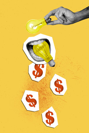 Composite trend artwork 3D image photo collage of silhouette human face piece mouth lips levitate eat hungry idea lamp puzzle earn moneyの写真素材