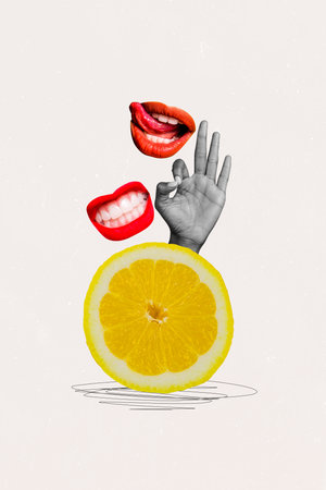 Vertical poster collage woman face fragment mouth grinning teeth tongue lick ok gesture hand lemon citrus juicy fresh fruit vitaminsの写真素材