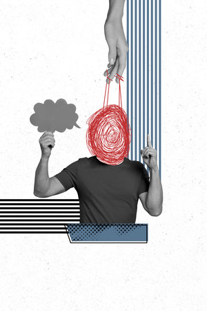 Composite trend artwork 3D image photo collage of monochrome copyspace young man show gesture finger point up headless rope control messの写真素材