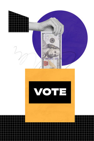 Vertical photo collage of hand hold cash bribe election finance payment illegal corruption vote box...