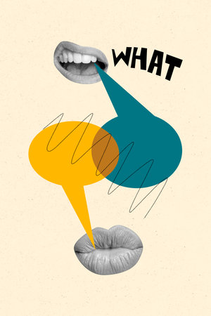 Vertical photo collage of faceless mouth speak colorful bubble communication what talk dialogue lips isolated on painted backgroundの写真素材