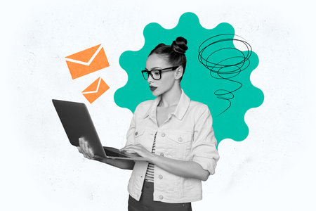 Composite photo collage of minded freelancer girl type laptop device mail letter notification message mail isolated on painted backgroundの写真素材