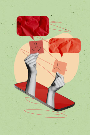Vertical composite artwork collage image picture of arms smart phone screen hold emotion sticker isolated on creative backgroundの写真素材