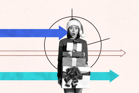 Trend artwork sketch image photo collage of winter new year merry christmas young lady omg face pile giftbox arrow trader business targetの写真素材