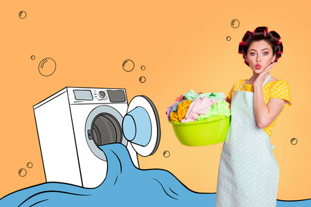 Composite photo collage of happy pouted lips girl housewife carry basin clothes laundry day washing machine isolated on painted backgroundの写真素材