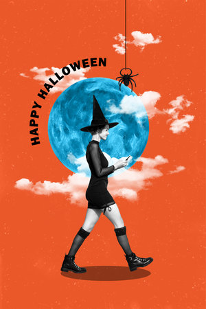 Composite trend collage of halloween autumn season spooky creepy poster alone young lady witch walk hand hold smartphone full moon spiderの写真素材