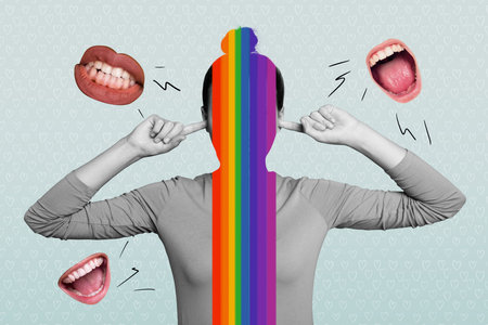 Composite trend artwork sketch image photo collage of love rainbow coming out lgbt lesbian gay young lady faceless cover ear mouth talkの写真素材