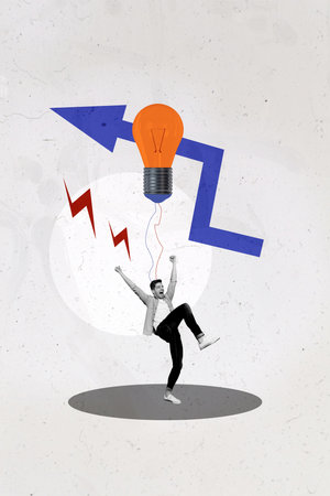 Composite trend artwork 3D image photo collage of trader analyze finance budget young man stand idea lamp electricity arrow show directionの写真素材