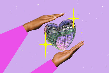 Creative poster collage of hands hold discoball heart shape valentine day party unusual fantasy billboard comics zineの写真素材