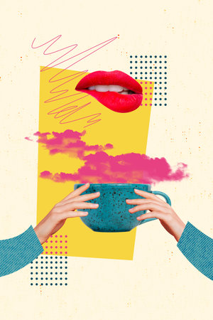 Composite trend artwork 3D sketch image photo collage of fragment face woman lips mouth red lipstick hand hold cup drink tea coffee smellの写真素材
