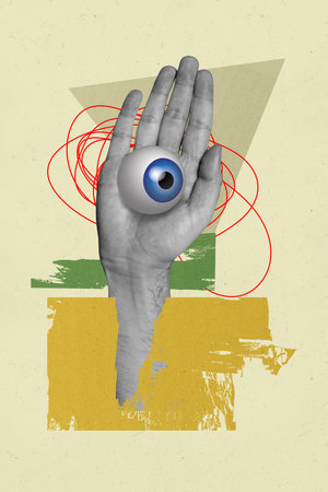 Composite trend artwork sketch image photo collage of monochrome arm huge hand hold keep eye 3d search security surveillance line doodleの写真素材