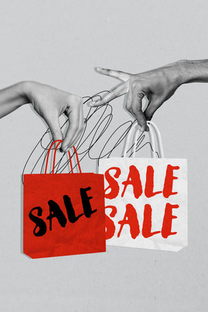 Vertical photo collage of hands hold bags purchase black friday shopping mall offer packages promo isolated on painted backgroundの写真素材