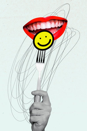 Trend artwork composite sketch image 3D collage of happy face emoji sticker hand hold fork huge woman mouth lips smile teeth eat emotionの写真素材