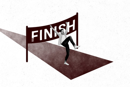 Creative retro 3d magazine collage image of lucky excited guy winning running race isolated white color backgroundの写真素材