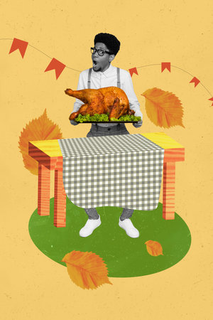 Vertical photo collage of astonished american man hold roasted turkey meat lettuce dish table thanksgiving isolated on painted backgroundの写真素材