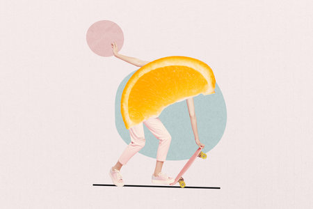 Creative trend collage of young female slice orange ride skateboard have fun summer freak bizarre unusual fantasyの写真素材